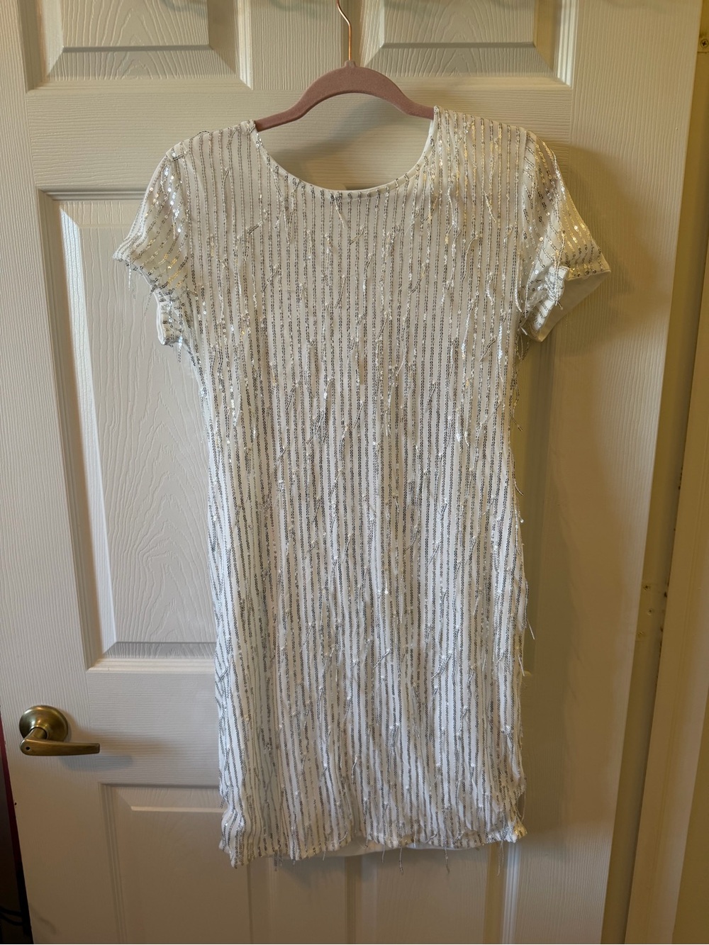 SHEIN White Shift Dress with Silver Sequin Stripes
